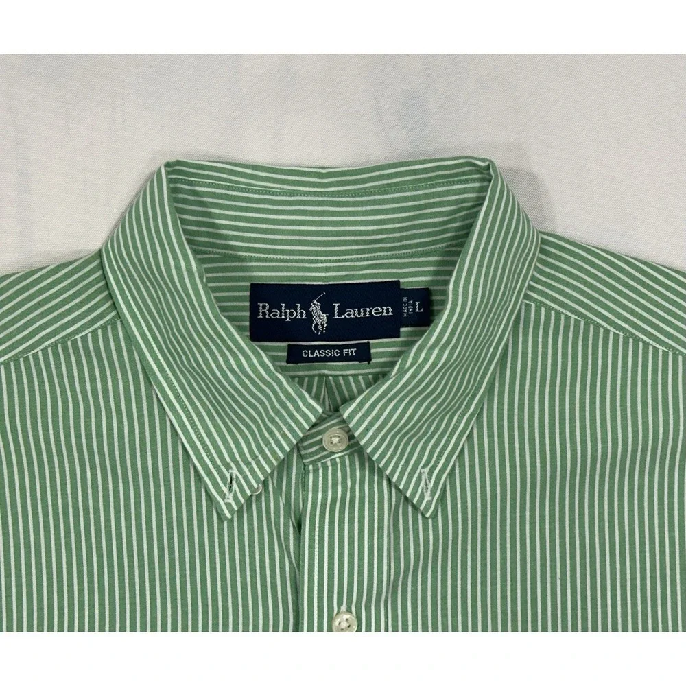 Polo Ralph Lauren Classic Fit Button Down Dress Shirt Green & White Purple Logo
